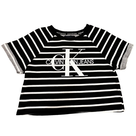 CALVIN Klein Black Striped Cotton Blend Boat Neck Short Sleeve Crop Top, Size M - Picture 1 of 12